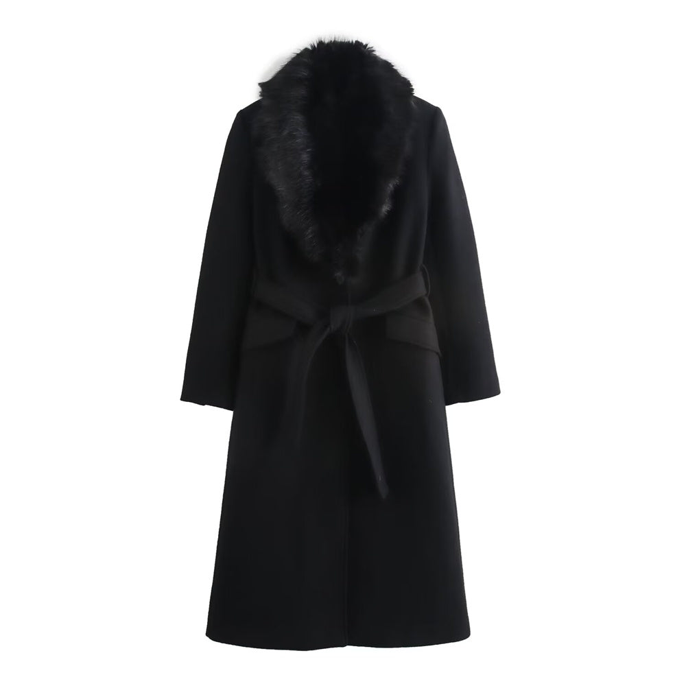 Manteau élégant noir col en fourrure pour femme