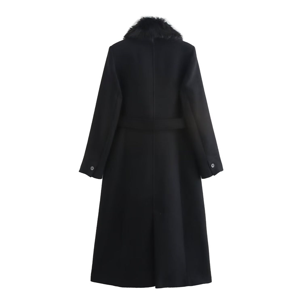 Manteau élégant noir col en fourrure pour femme