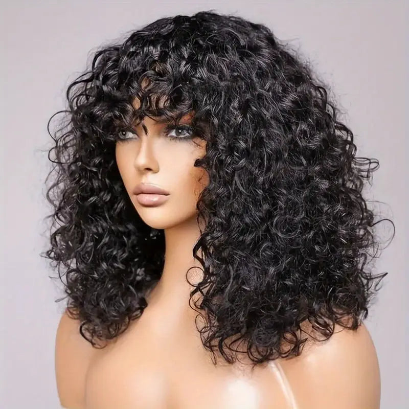 Perruque frisée cheveux humain brésilien naturel avec frange